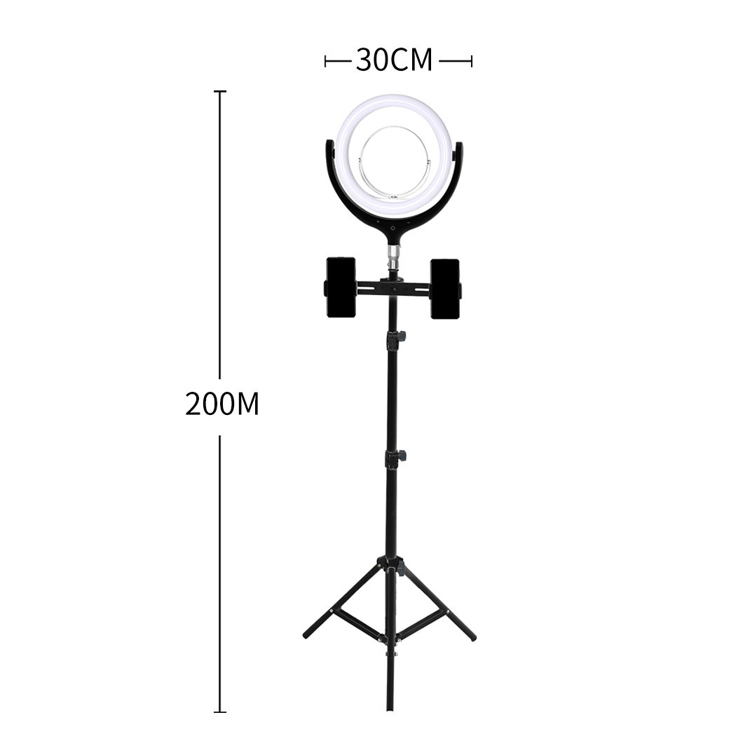 LED Ring Light with Tripod Stand and Phone Holder, showcasing adjustable brightness and color temperature features.